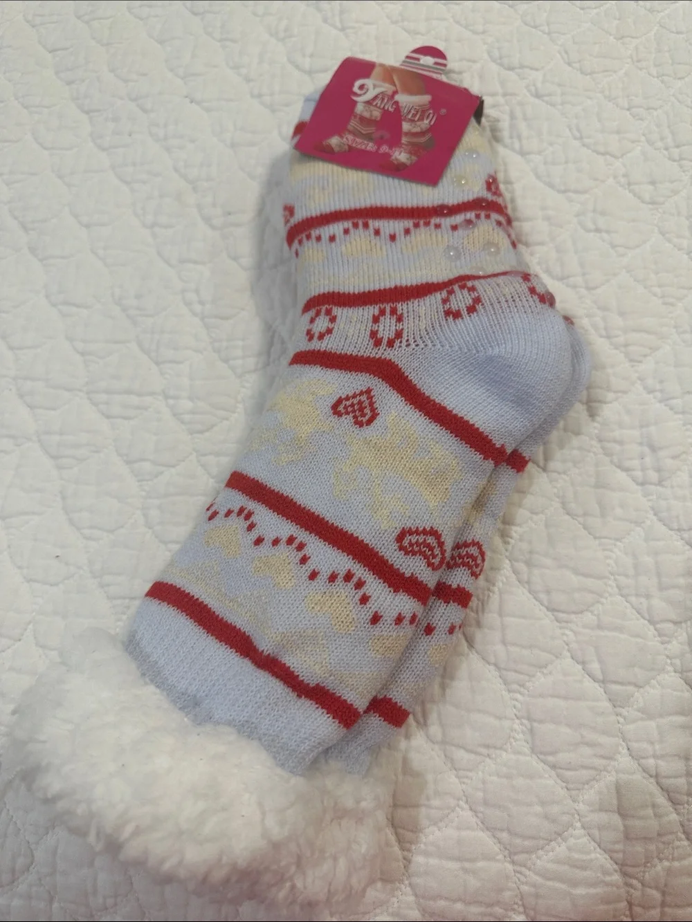 Source Unknown Light Blue, Red & Cream Patterned Sherpa Socks